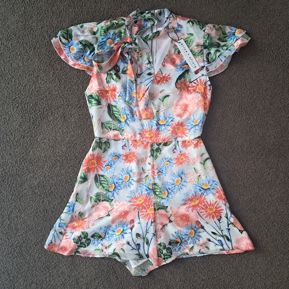 HOT Lil Alice + Olivia Floral Tie-Neck Silk Romper White,Coral,Blue Flowers NWT